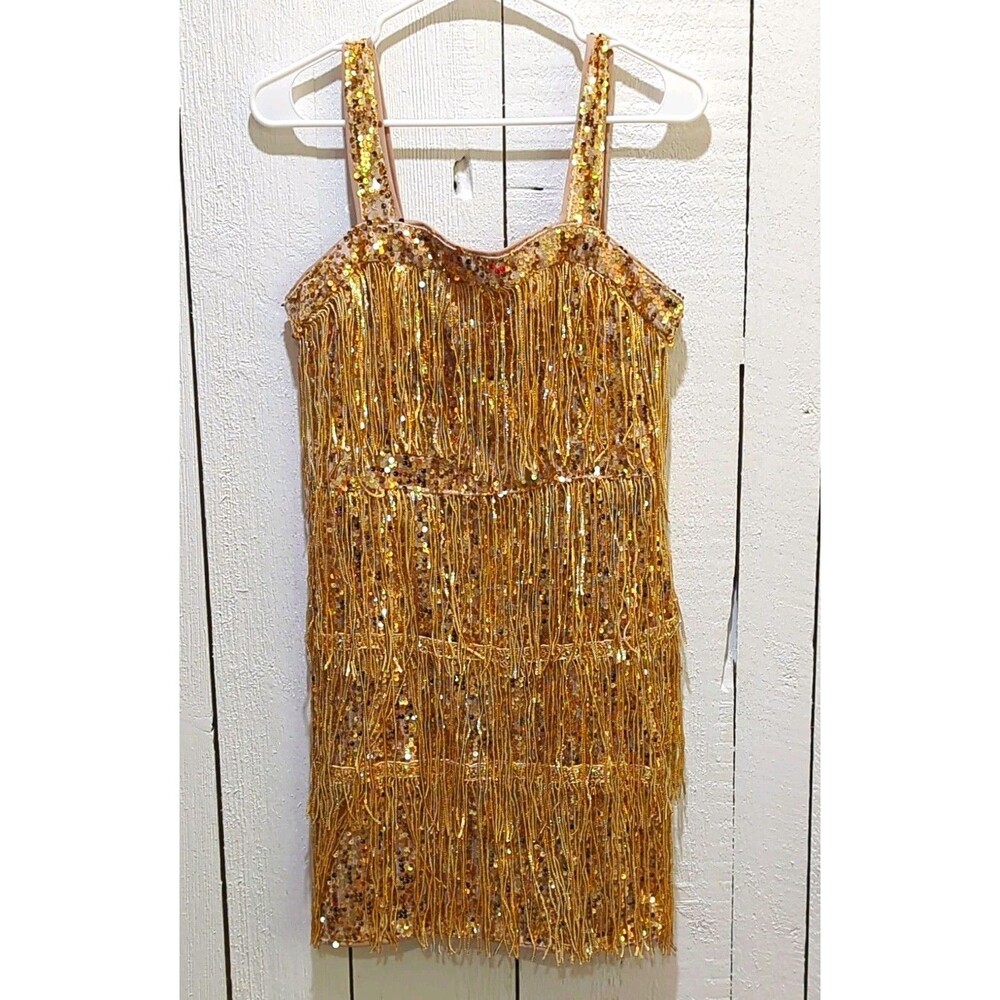 Women’s Flapper Gold Sequin Fringe Mini Dress Sweetheart Sleeveless Zip Back M